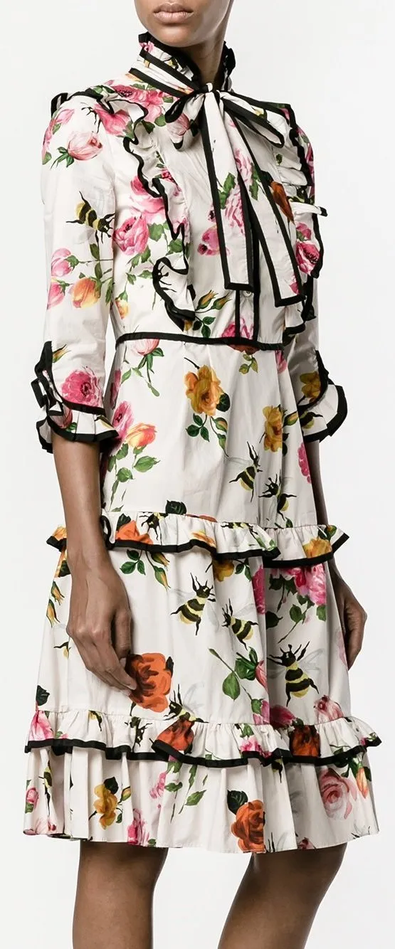 Contrast-Piping Floral Print Ruffle-Trimmed Dress