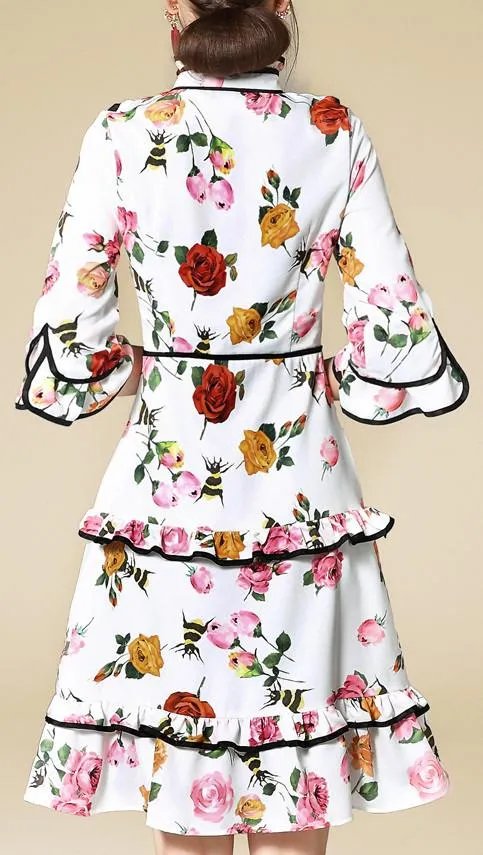 Contrast-Piping Floral Print Ruffle-Trimmed Dress