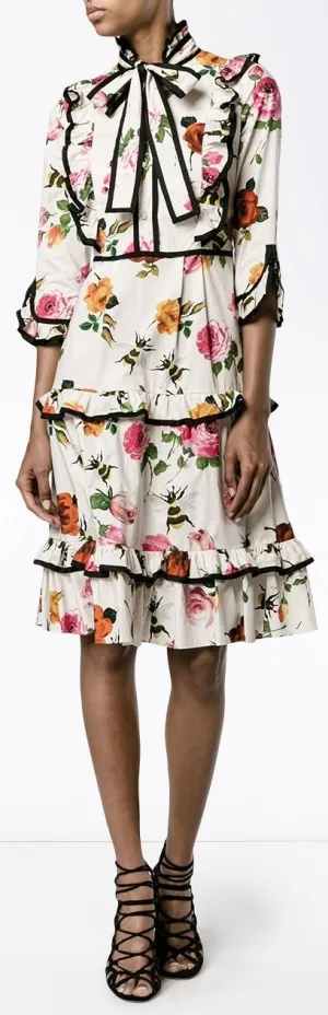 Contrast-Piping Floral Print Ruffle-Trimmed Dress