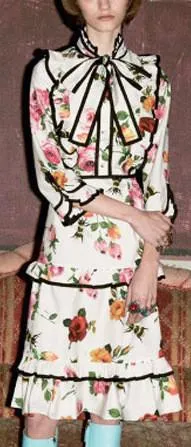 Contrast-Piping Floral Print Ruffle-Trimmed Dress