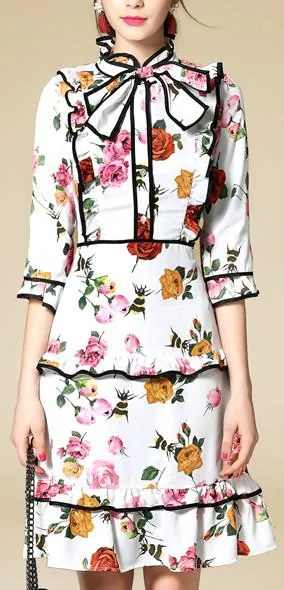 Contrast-Piping Floral Print Ruffle-Trimmed Dress