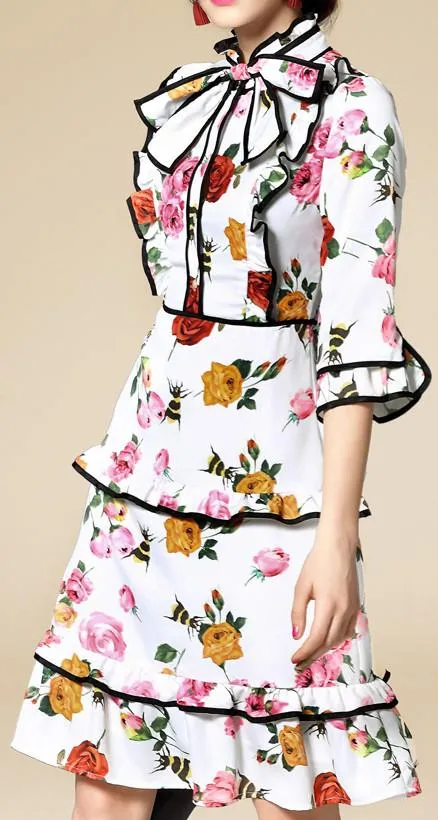 Contrast-Piping Floral Print Ruffle-Trimmed Dress