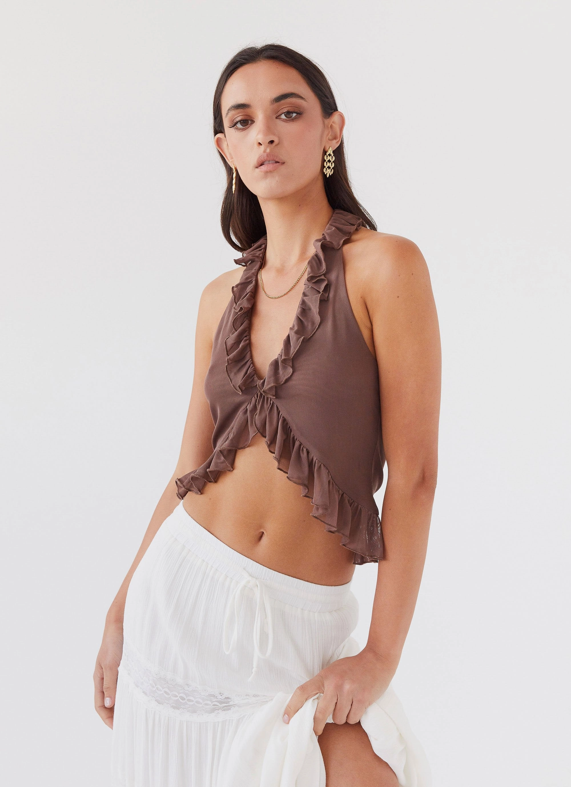 Reinforced Hem Stitching Tanya Mesh Frill Top - Chocolate