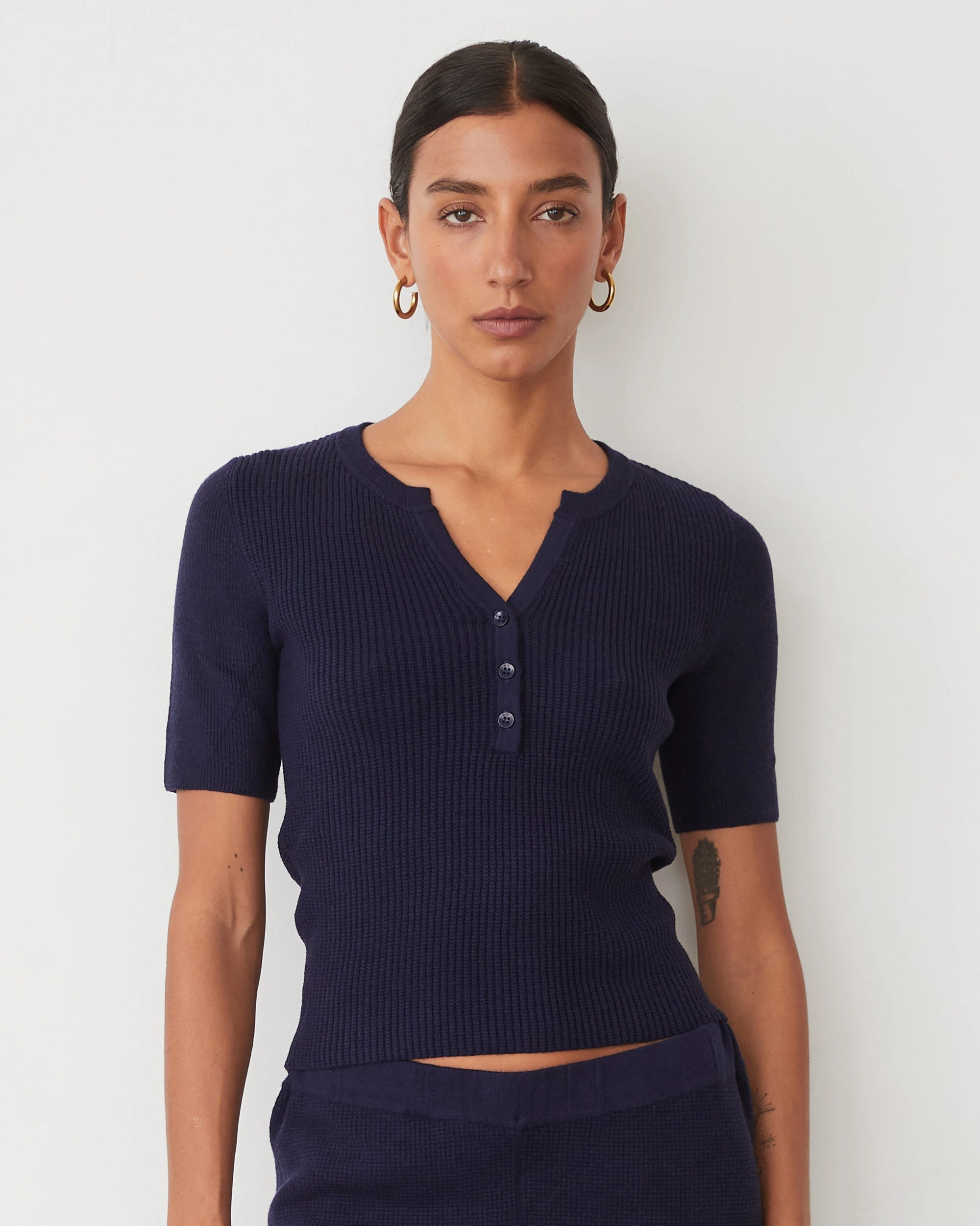 Softknit Rib Waffle Henley Sporty Top MeshVentilation