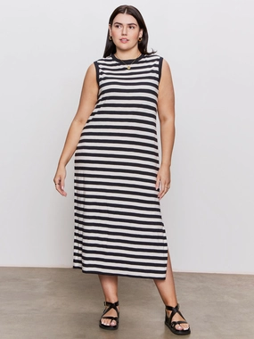 Contrast Trim Maxi Dress Black Macrame Stripe Extended Sizing Chic and Breezy Body Flow Chill Lines Contrast Trim Maxi Dress Black Macrame Stripe Extended Sizing