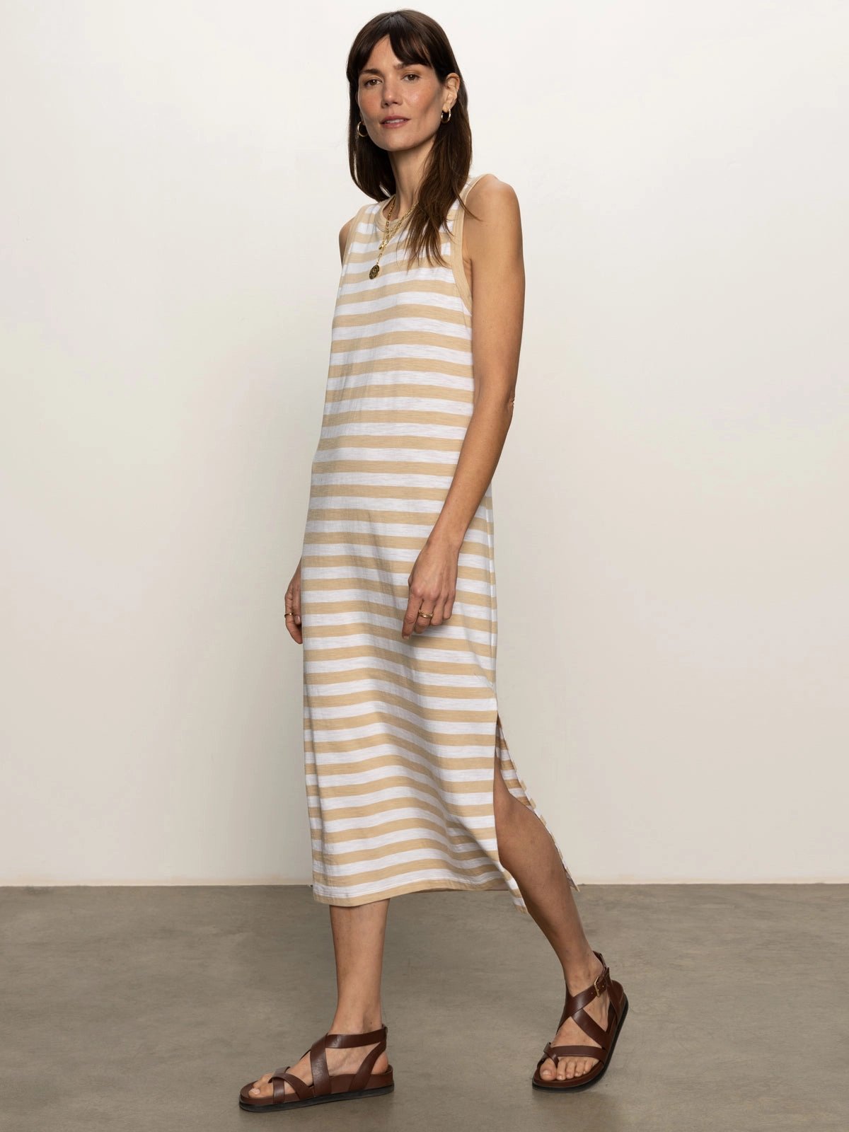 Contrast Trim Maxi Dress Sandstone White Stripe Embroidered-Detail