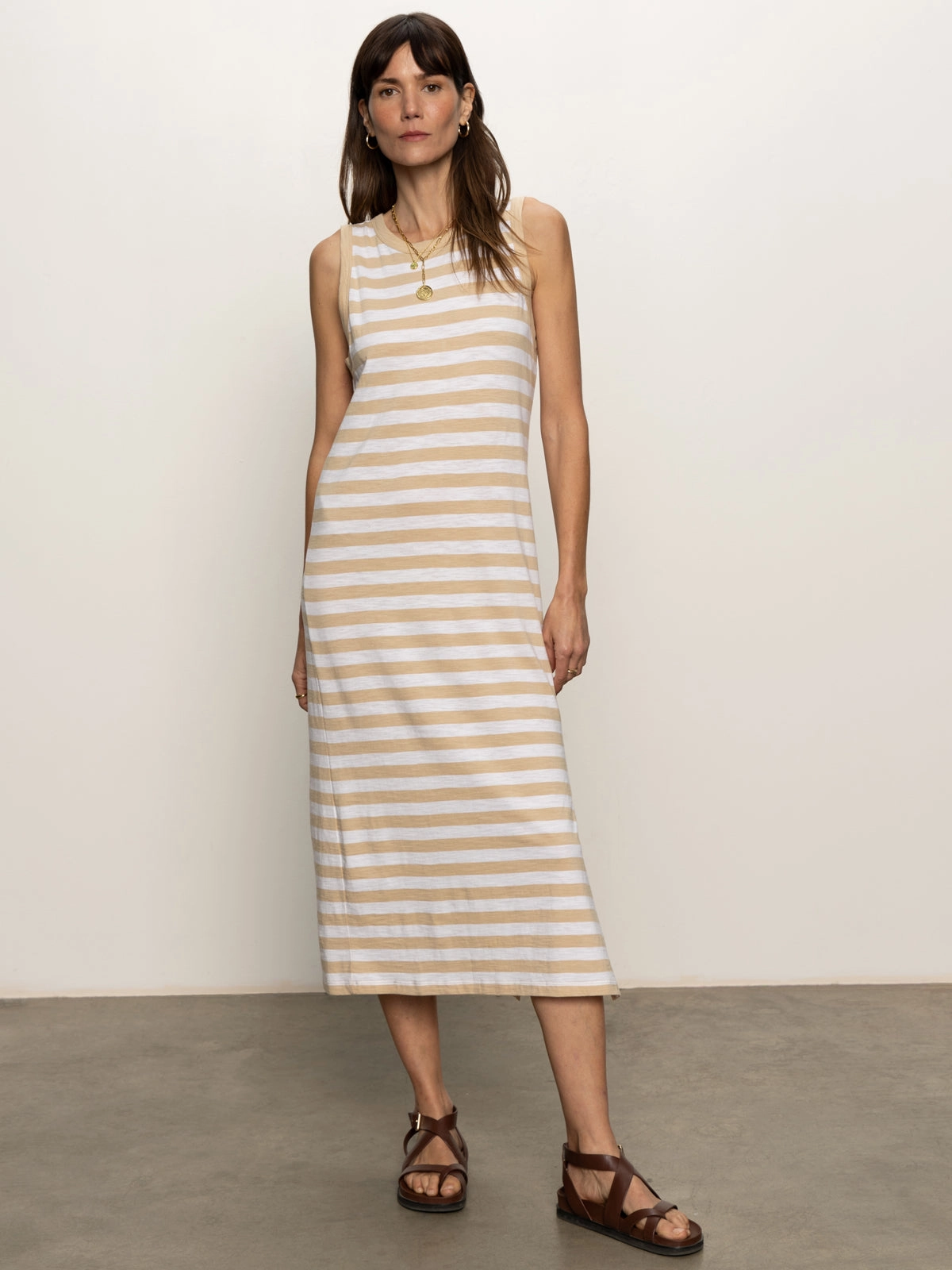 Contrast Trim Maxi Dress Sandstone White Stripe Fit for All Seasons Smart Detail