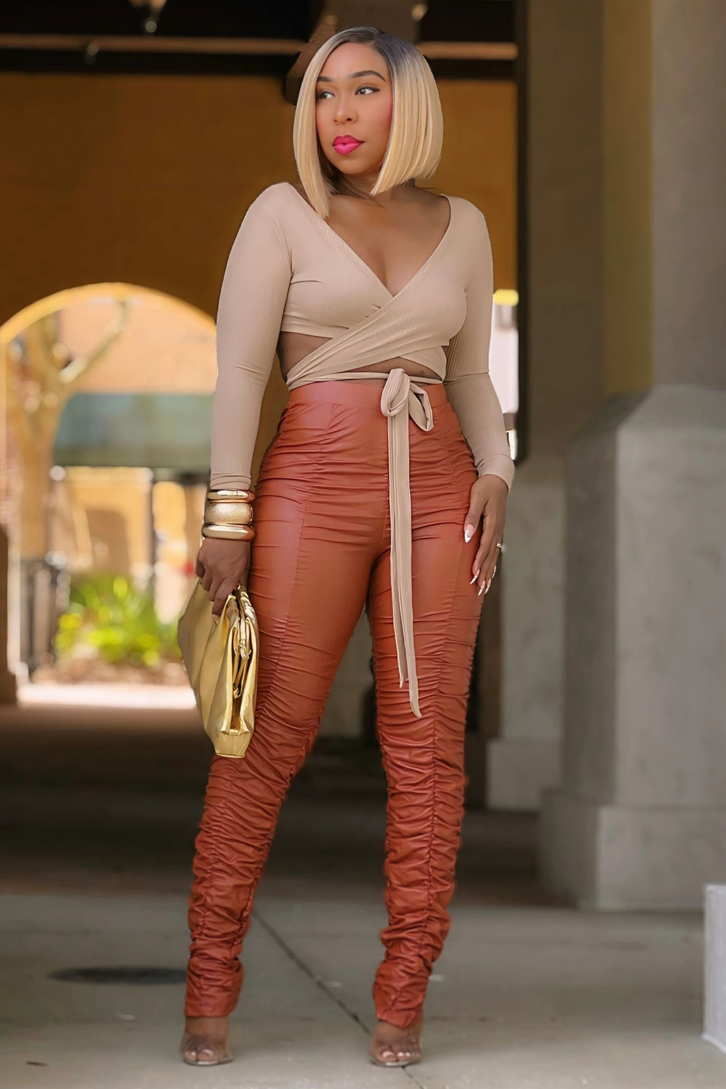 Laruth Leatherette Bungie Pants - Rust Breathable mesh design