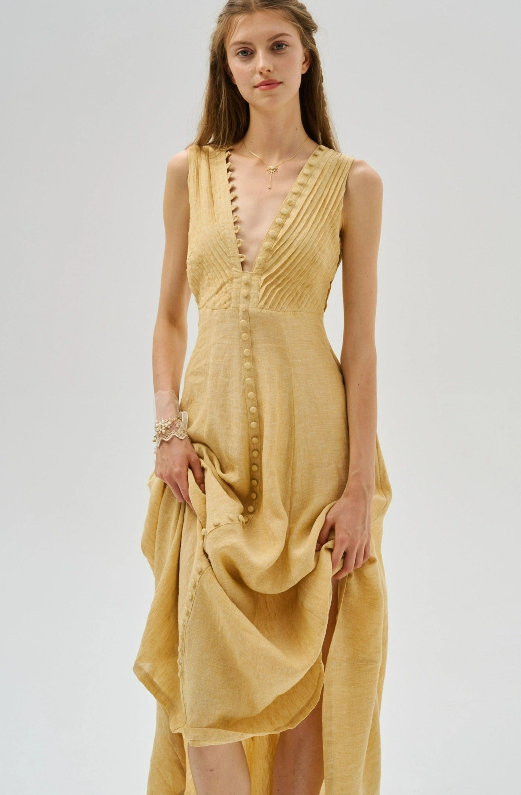 Rebecca 18 | Pleated Maxi Linen Dress Fashion Trend