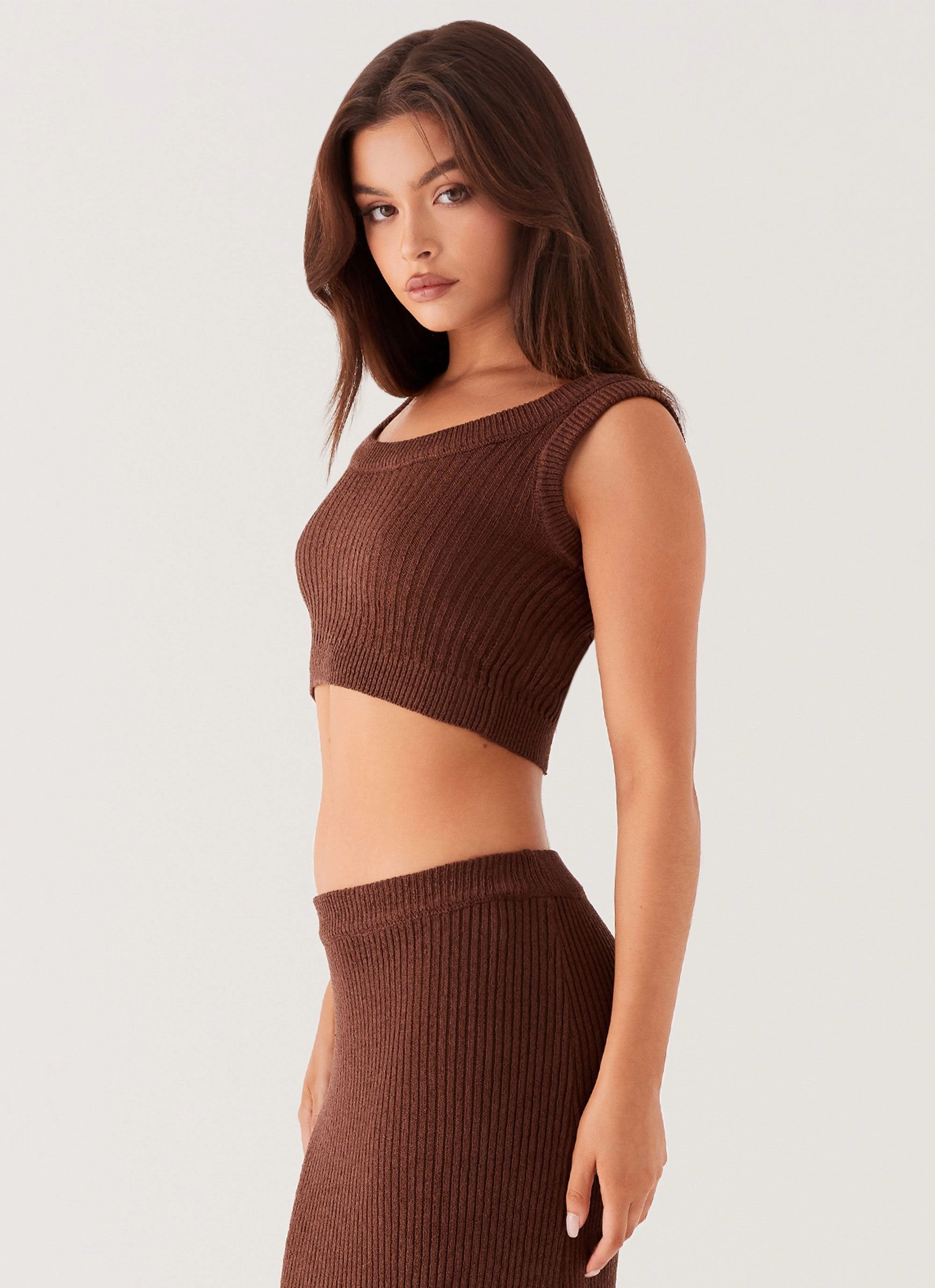 Slim Fit Design Season Fever Knit Crop Top - Chocolate