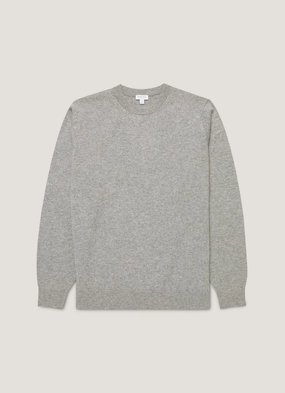 Brushed Interior Reinforced Neckline Men's Cashmere Crew Neck Jumper in Grey Melange