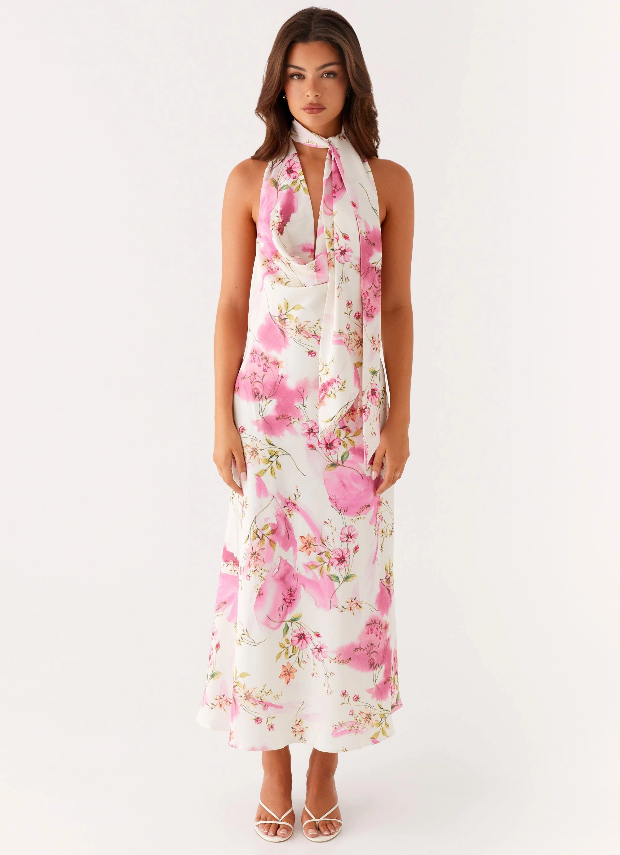 Jensen Midi Dress - Ivory Floral Print Clean Chic Satin Glow