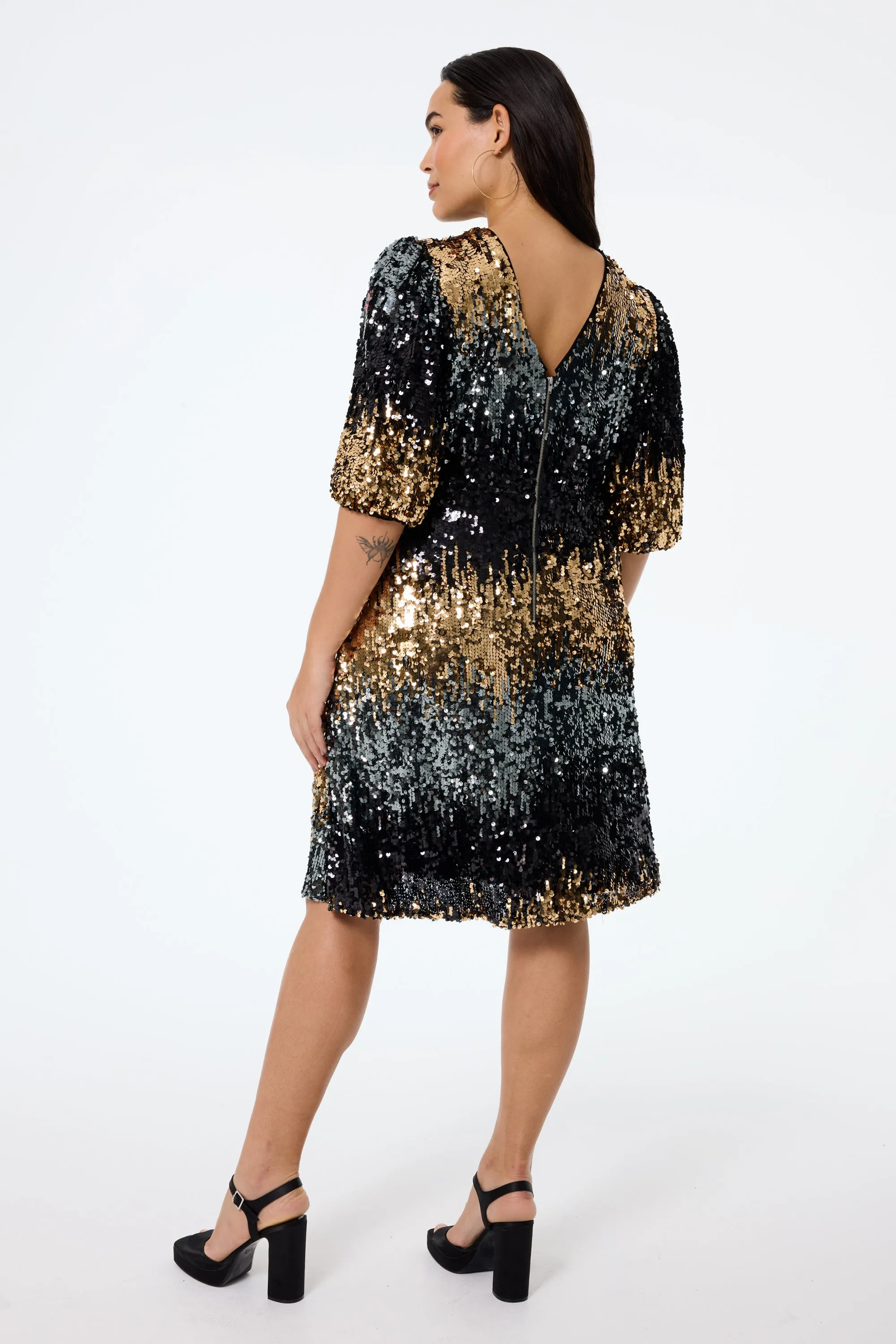 Copper Ombre Sequin Puff Sleeve Short Dress