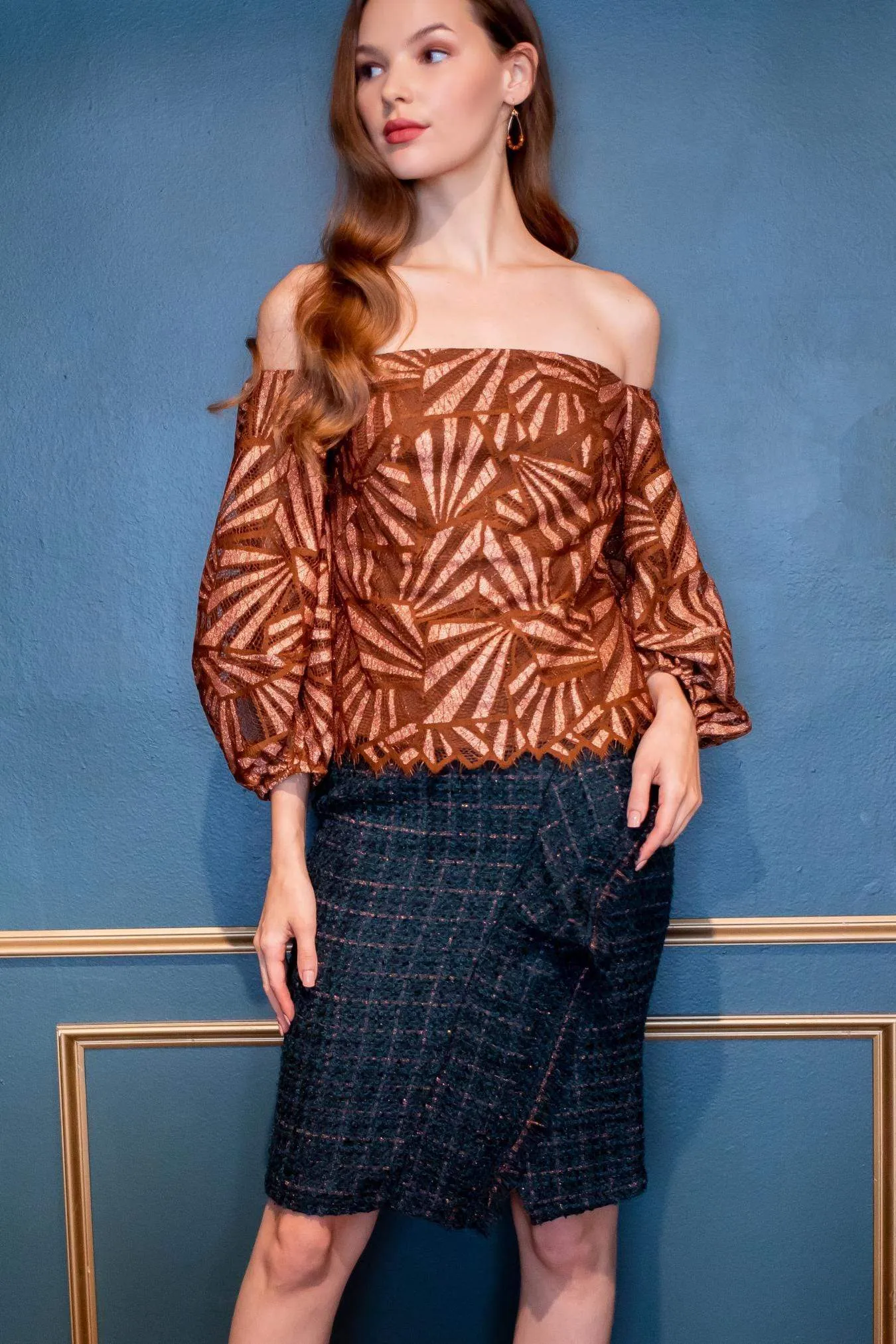 Side Pockets Copper Teal Tweed Pencil Skirt