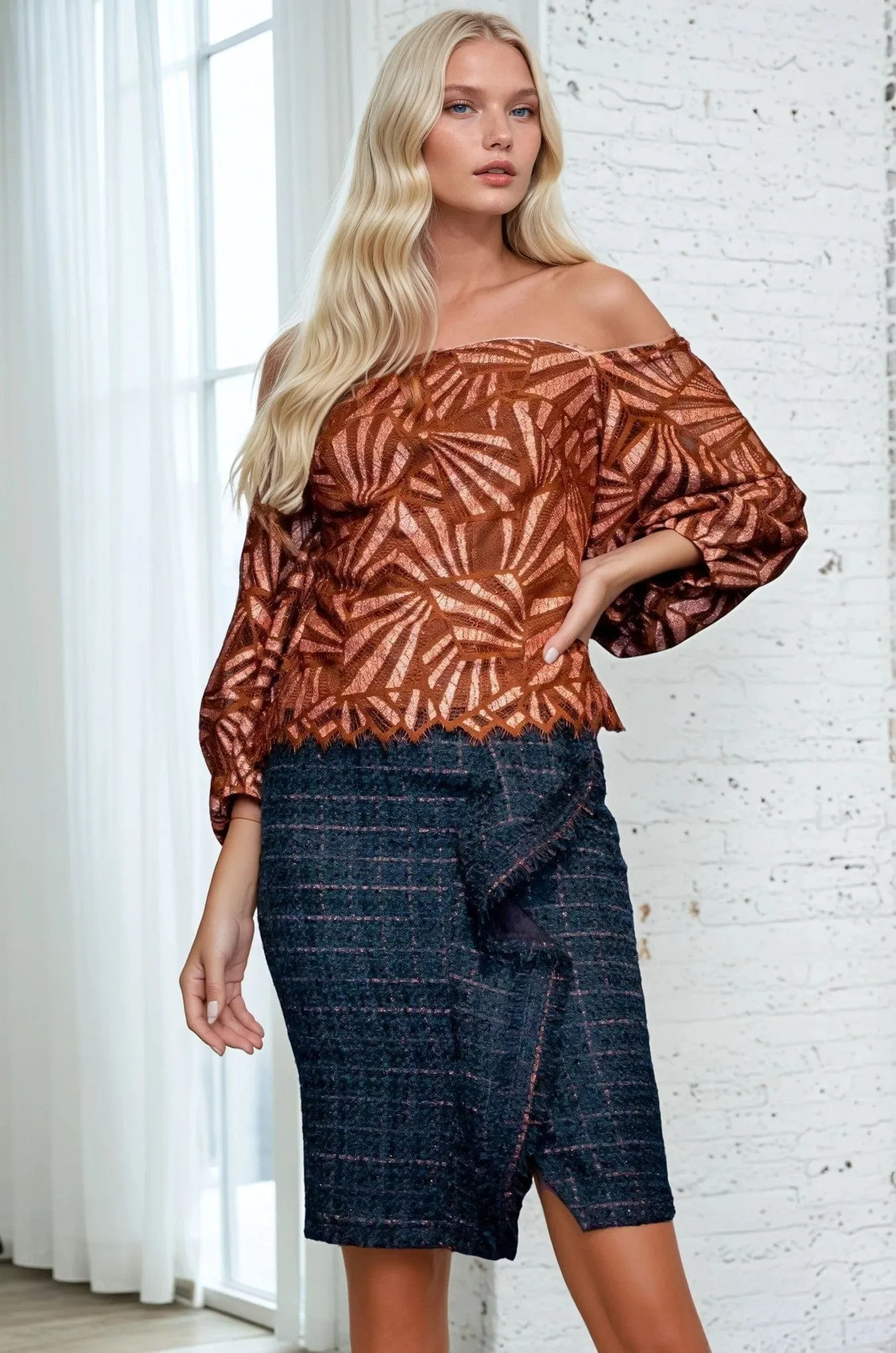 Tonal Layering Copper Teal Tweed Pencil Skirt