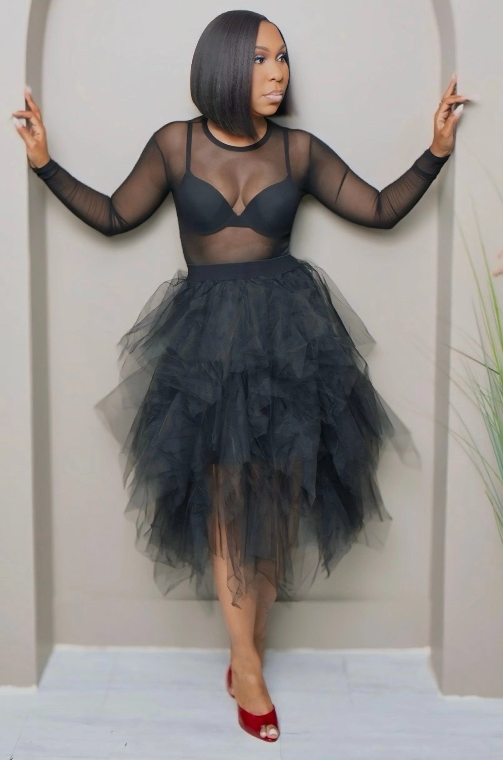 Seasonal Basic ElasticWaistband Cordelia Layered Tulle Mesh Skirt