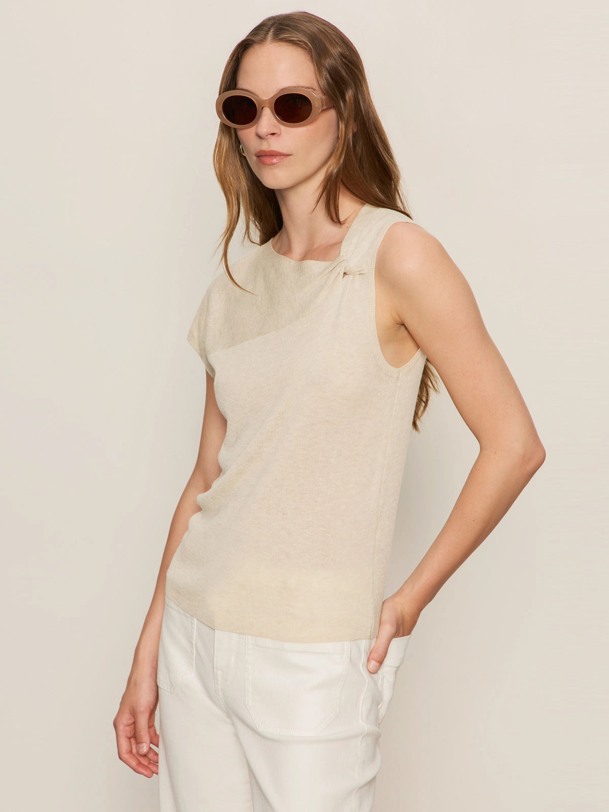 Unstructured Silhouette Garment Dye Process Shoulder Twist Top Heather Pearl