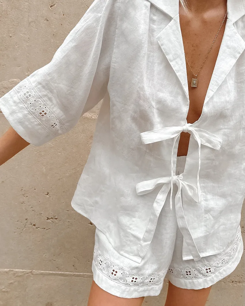 Cotton and Linen Cardigan Shorts Casual Comfortable Pajamas Two-piece Set