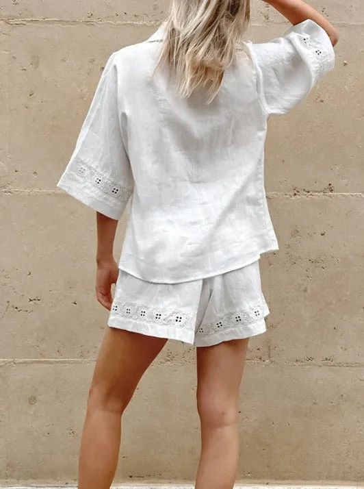 Cotton and Linen Cardigan Shorts Casual Comfortable Pajamas Two-piece Set