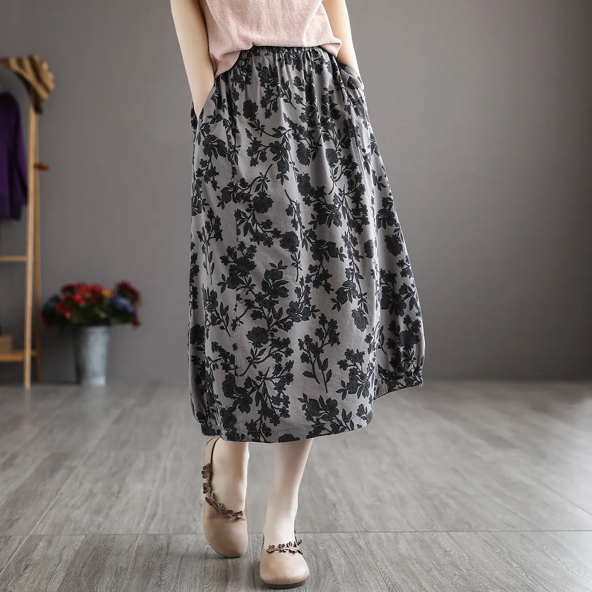 Cotton Art Vintage Printed Skirt Women Summer Drape Loose Plus Size Slim Look A-Line Skirt