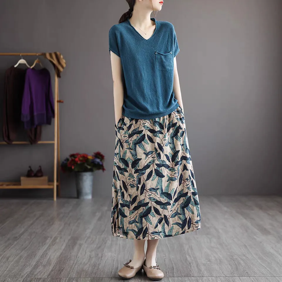 Cotton Art Vintage Printed Skirt Women Summer Drape Loose Plus Size Slim Look A-Line Skirt