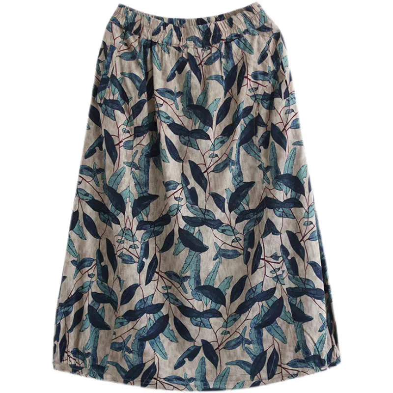 Cotton Art Vintage Printed Skirt Women Summer Drape Loose Plus Size Slim Look A-Line Skirt