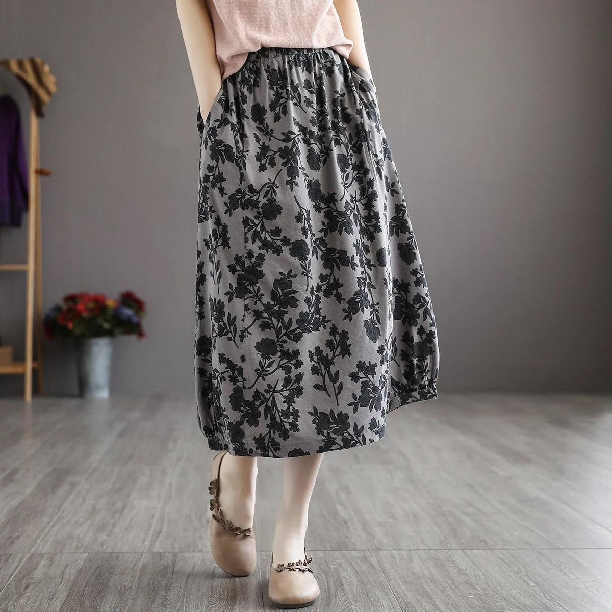 Cotton Art Vintage Printed Skirt Women Summer Drape Loose Plus Size Slim Look A-Line Skirt