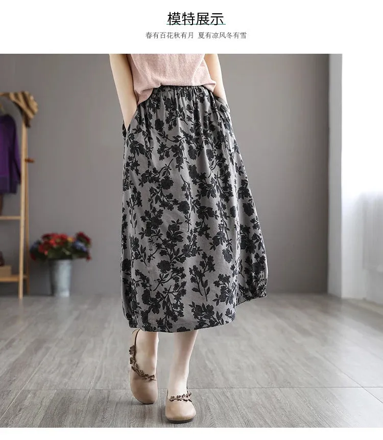 Cotton Art Vintage Printed Skirt Women Summer Drape Loose Plus Size Slim Look A-Line Skirt