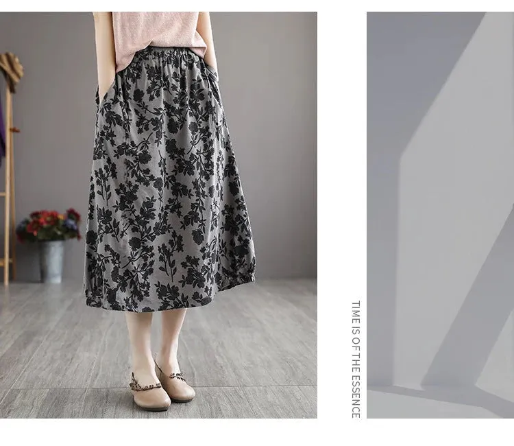 Cotton Art Vintage Printed Skirt Women Summer Drape Loose Plus Size Slim Look A-Line Skirt