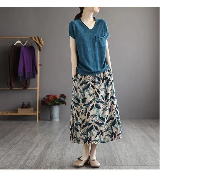 Cotton Art Vintage Printed Skirt Women Summer Drape Loose Plus Size Slim Look A-Line Skirt