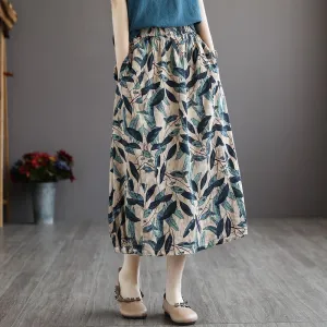 Cotton Art Vintage Printed Skirt Women Summer Drape Loose Plus Size Slim Look A-Line Skirt