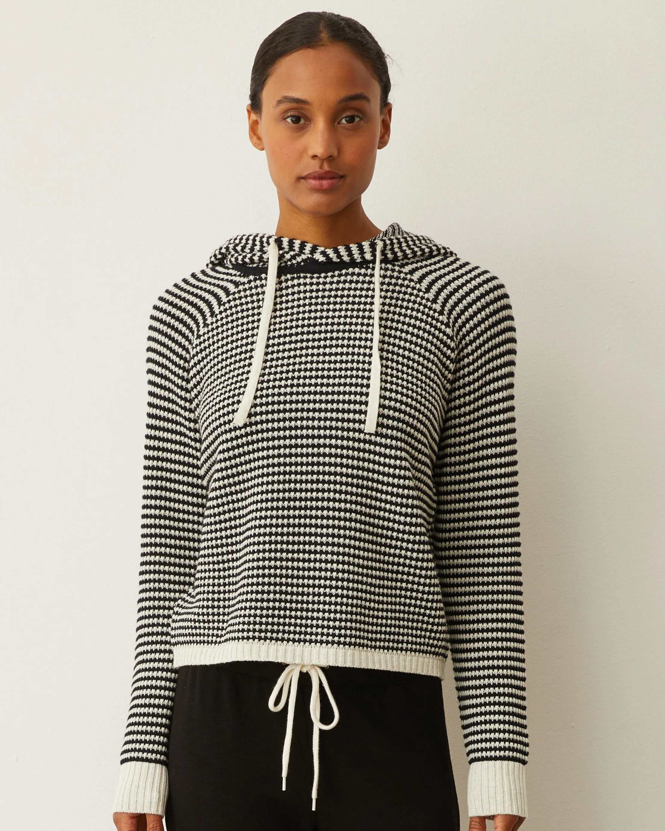 Cotton Cashmere Stripe Lounge Hoody Layered Neckline
