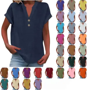 Cotton Linen Shirt for Women 2025 Trendy Short Sleeve Summer Blouse Button Down V Neck Tops Casual Vacation Tee Shirts