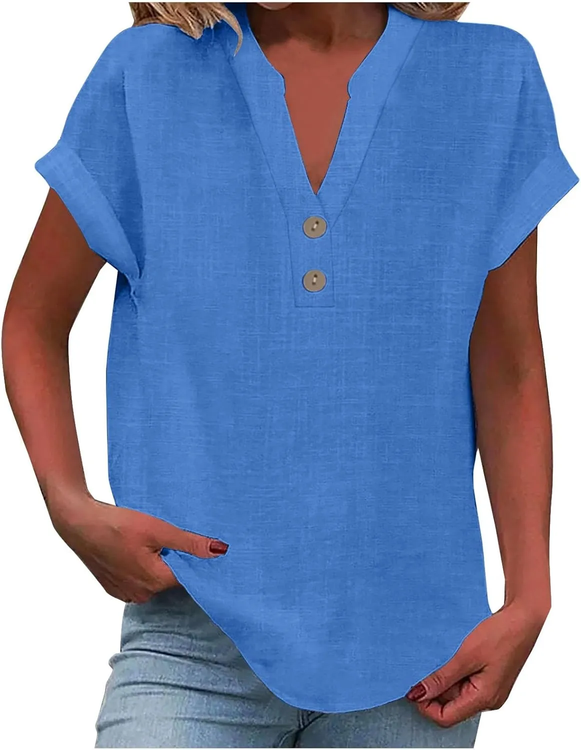 Cotton Linen Shirt for Women 2025 Trendy Short Sleeve Summer Blouse Button Down V Neck Tops Casual Vacation Tee Shirts
