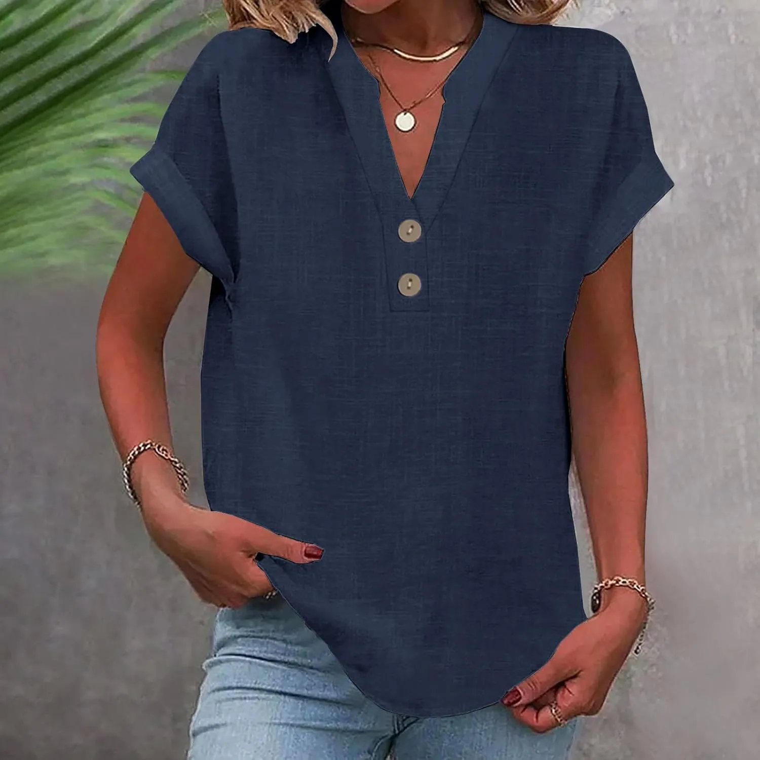 Cotton Linen Shirt for Women 2025 Trendy Short Sleeve Summer Blouse Button Down V Neck Tops Casual Vacation Tee Shirts