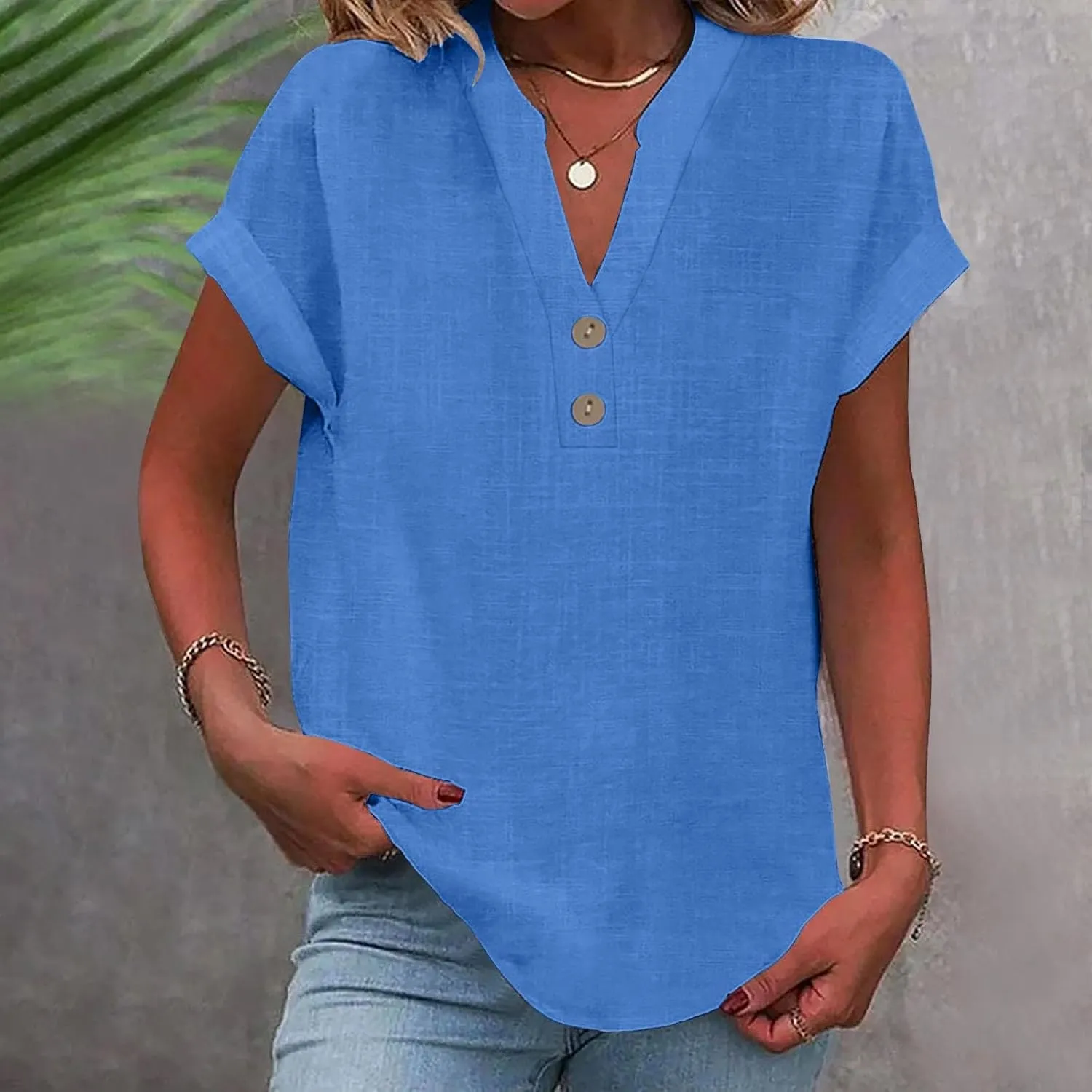 Cotton Linen Shirt for Women 2025 Trendy Short Sleeve Summer Blouse Button Down V Neck Tops Casual Vacation Tee Shirts