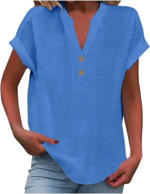 Cotton Linen Shirt for Women 2025 Trendy Short Sleeve Summer Blouse Button Down V Neck Tops Casual Vacation Tee Shirts
