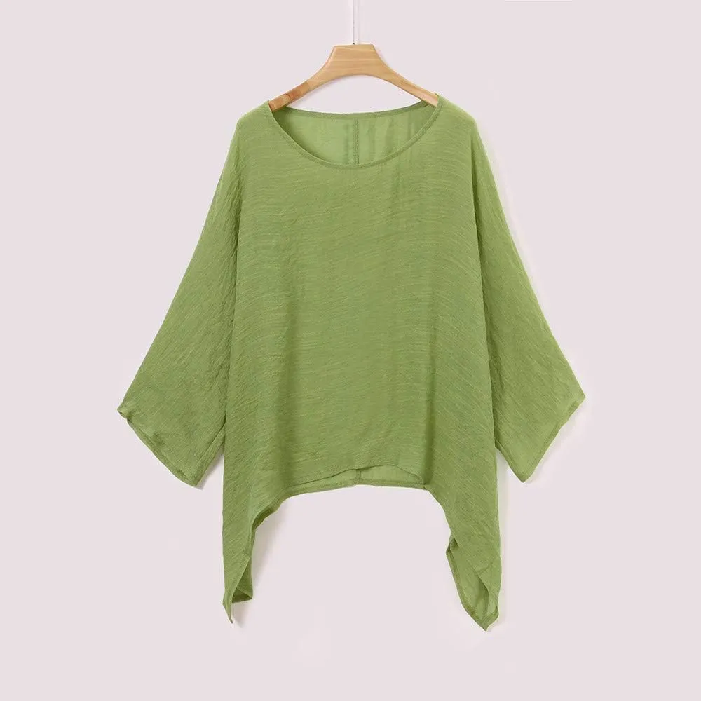 Cotton Linen Shirt for Women Plus Size Long Sleeve Crewneck Casual Tops Basic Loose Fit Lightweight Comfy Tees Summer Clothes
