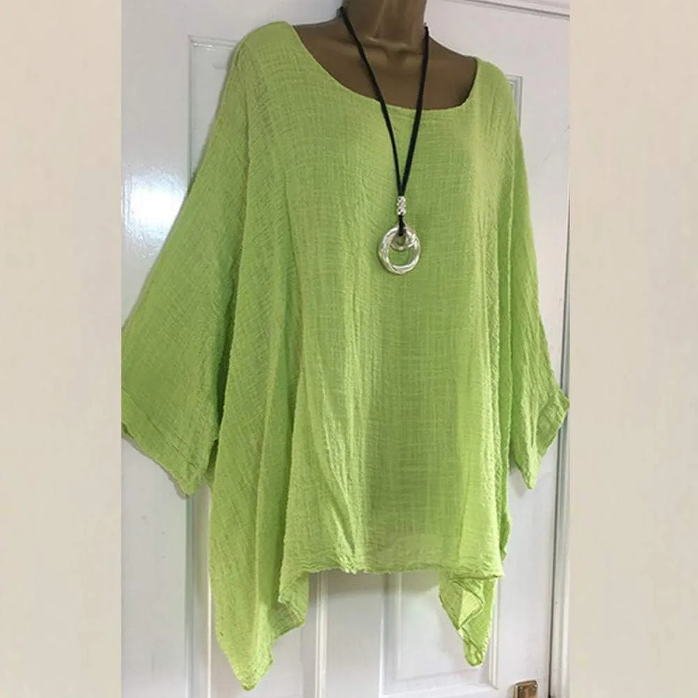 Cotton Linen Shirt for Women Plus Size Long Sleeve Crewneck Casual Tops Basic Loose Fit Lightweight Comfy Tees Summer Clothes
