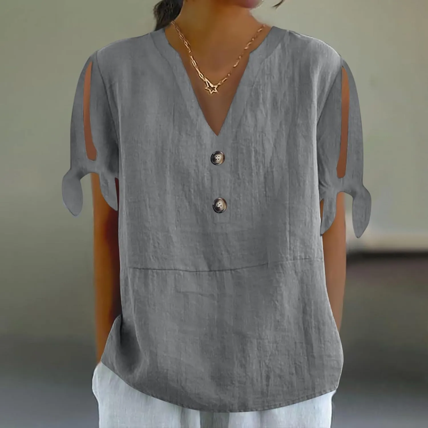 Cotton Linen Tops for Women 2025 Summer Henley V Neck Shirts Cutout Short Sleeve Tunic Gradient Floral Casual Tshirts