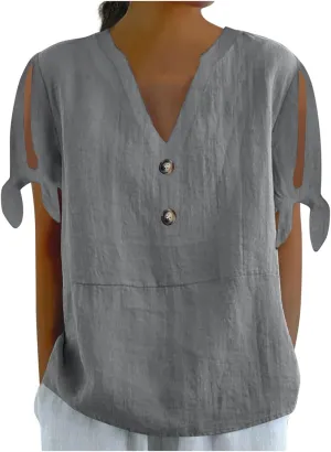 Cotton Linen Tops for Women 2025 Summer Henley V Neck Shirts Cutout Short Sleeve Tunic Gradient Floral Casual Tshirts