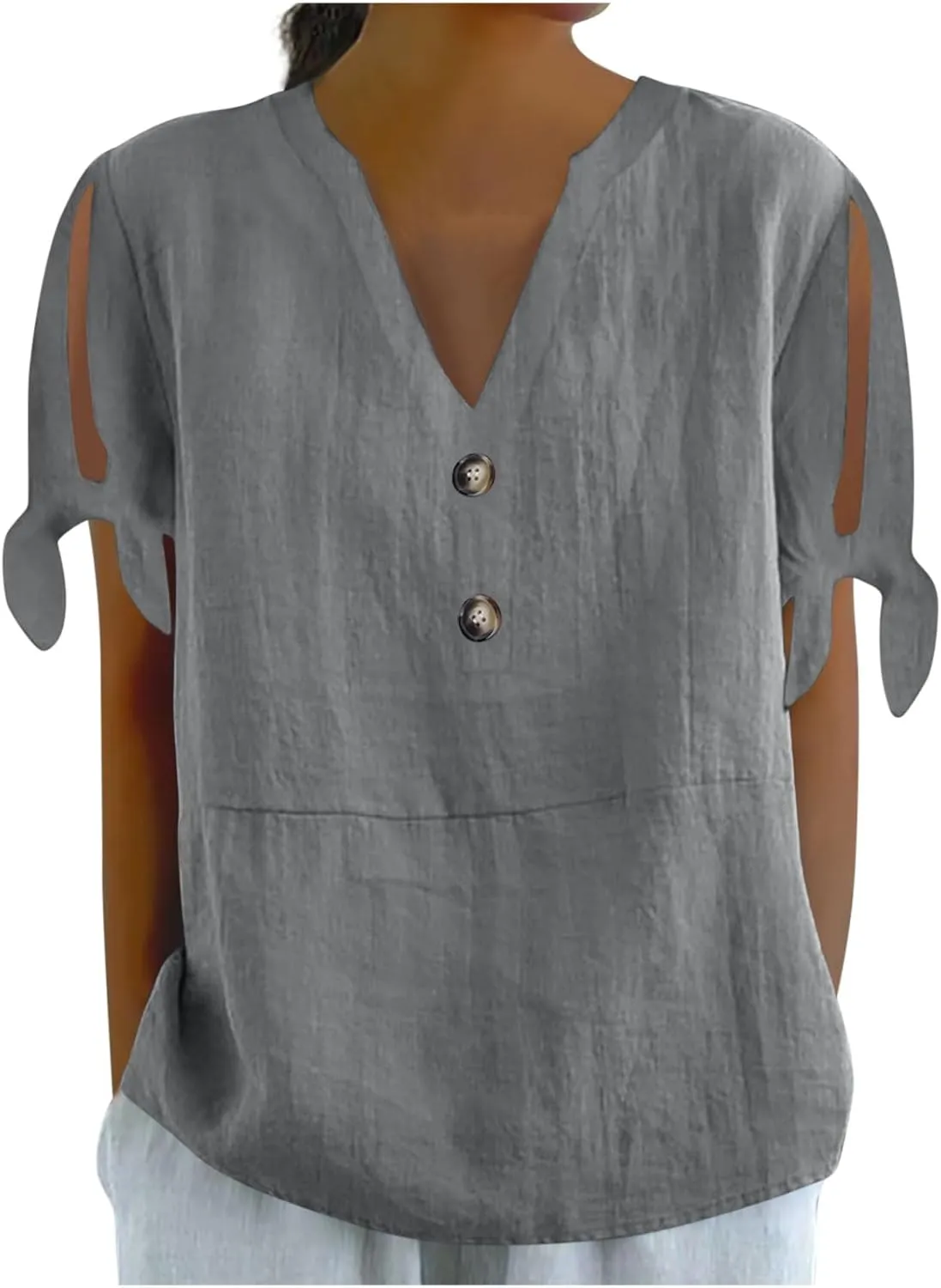 Cotton Linen Tops for Women 2025 Summer Henley V Neck Shirts Cutout Short Sleeve Tunic Gradient Floral Casual Tshirts