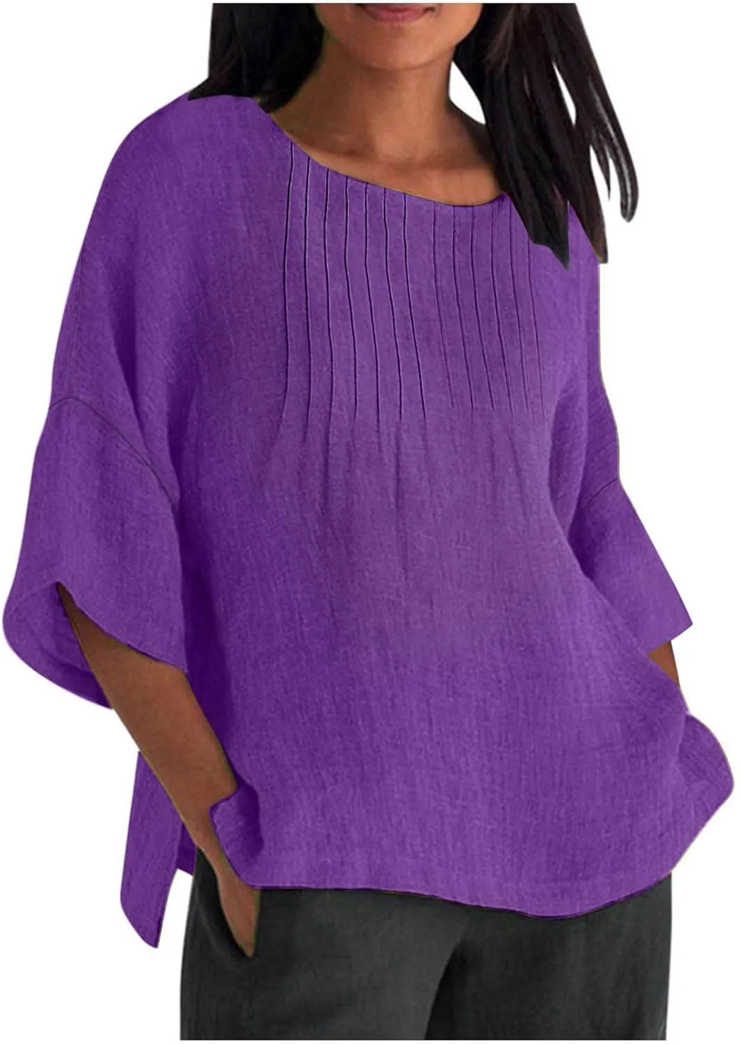 Cotton Linen Tops for Women Dressy Pleated 3/4 Sleeve Blouses Casual 2025 Summer Side Split Plus Size Tunic Tshirts