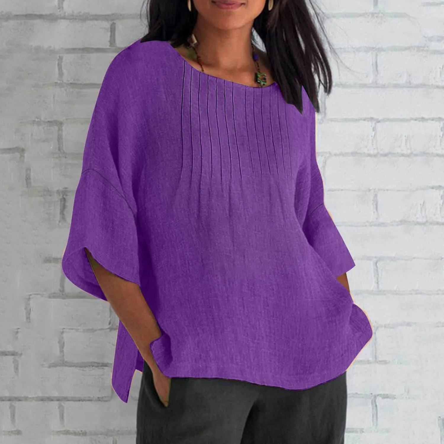 Cotton Linen Tops for Women Dressy Pleated 3/4 Sleeve Blouses Casual 2025 Summer Side Split Plus Size Tunic Tshirts