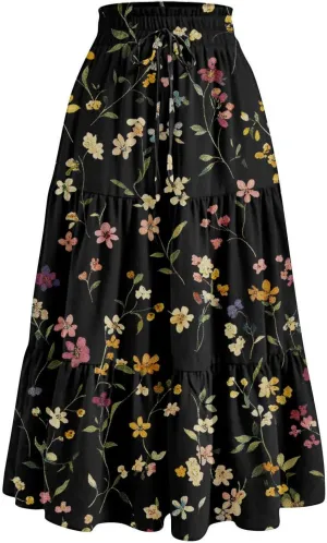 Cotton Skirt for Women Boho High Waist Flowy Maxi Skirt Summer Casual A-Line
