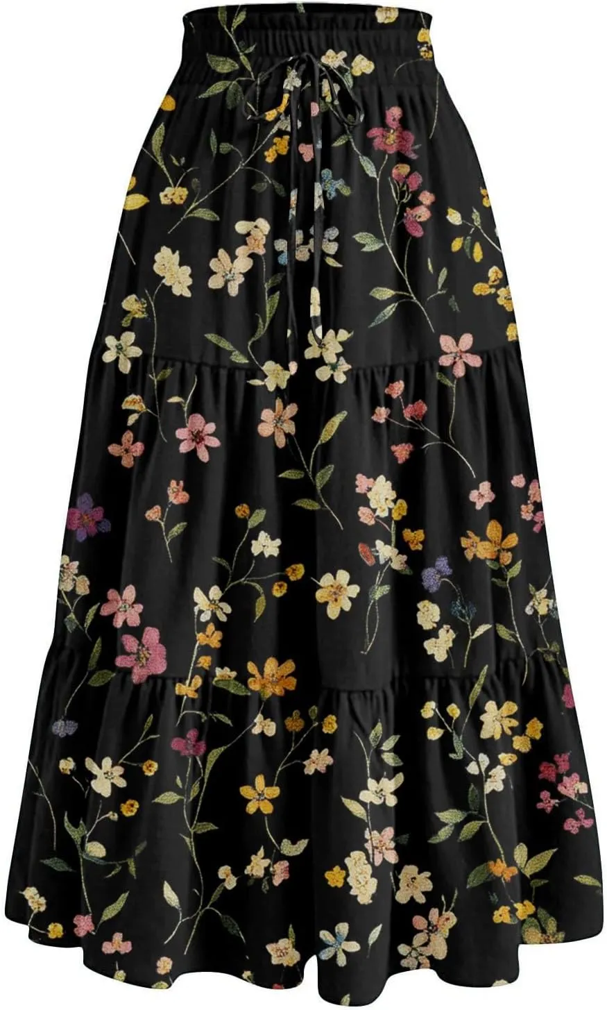Cotton Skirt for Women Boho High Waist Flowy Maxi Skirt Summer Casual A-Line