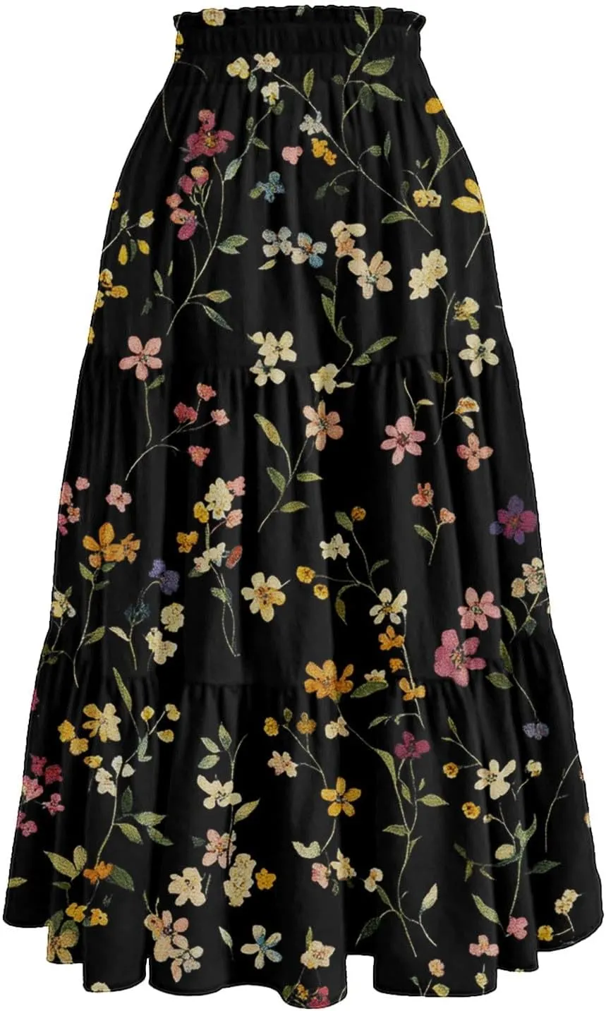 Cotton Skirt for Women Boho High Waist Flowy Maxi Skirt Summer Casual A-Line