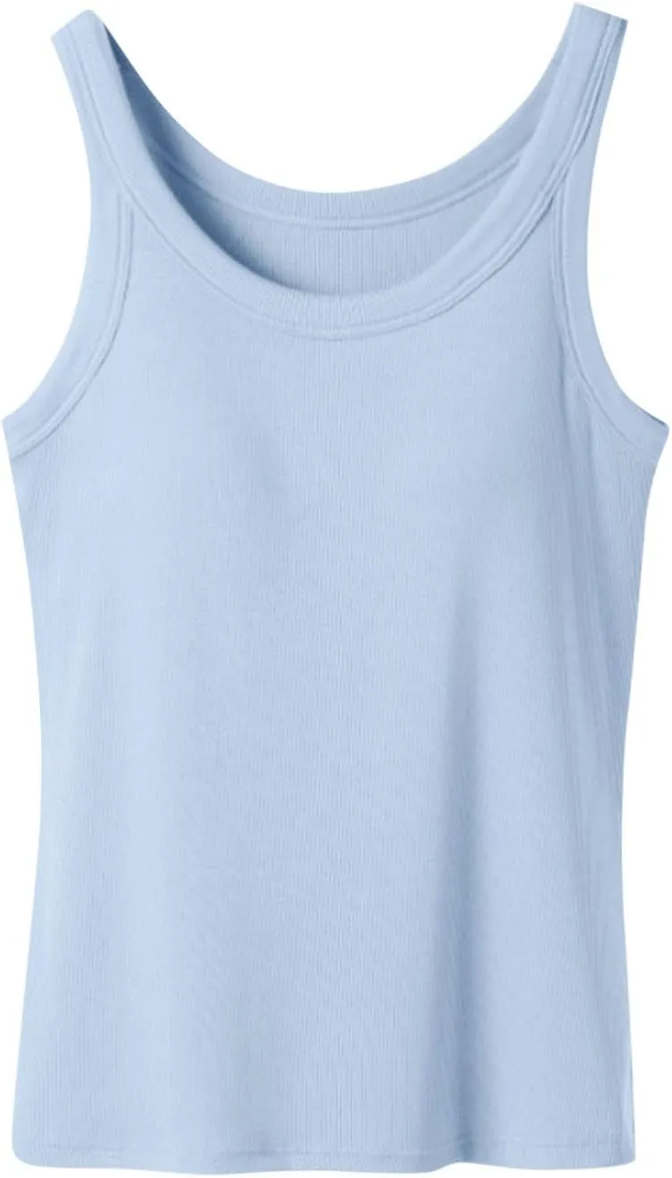 Cotton Tank Tops with Built in Bra for Women Summer Basic Workout Undershirt Solid Color Fashion Yoga Blouse Tees