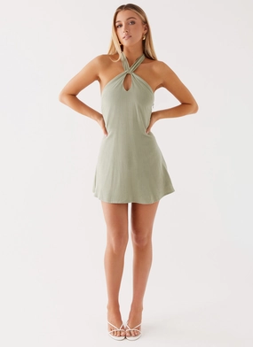 Counting Stars Linen Halterneck Dress - Sage Pretty Sets All Fit Counting Stars Linen Halterneck Dress - Sage