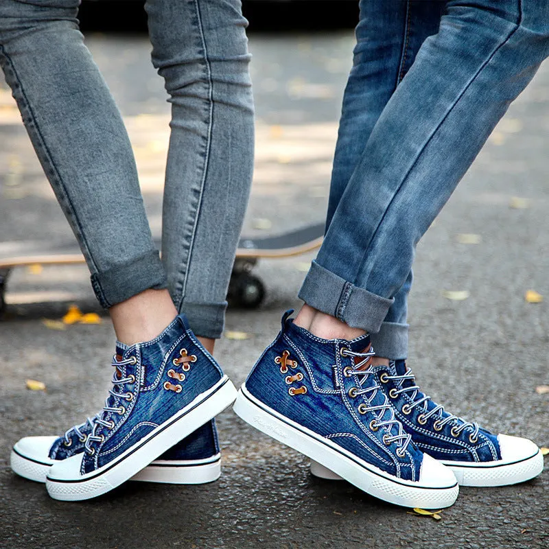 Couples Denim Flat Canvas Sneakers Daily Denim Shoes Lace Up